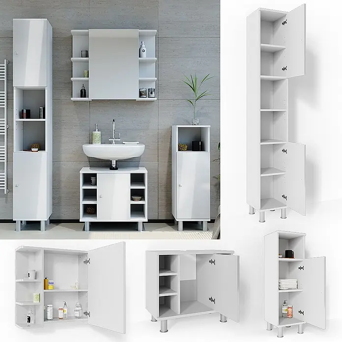 Vicco Badmöbel-Set Fynn Weiß Hochglanz 4 Teile - Gesamtbreite Badmöbel: 120 cm, Weiß Hochglanz, Glänzend - Weißes Badmöbelset: Hochschrank, Spiegelschrank, Waschbeckenunterschrank und kleiner Schrank mit Regalen und Türen, auf silbernen Beinen.