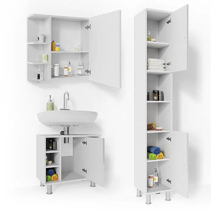 Vicco Badmöbel-Set Fynn Weiß Hochglanz 3 Teile, mit Hochschrank - Gesamtbreite Badmöbel: 90 cm, Weiß Hochglanz, Glänzend - Weißes Badezimmerschrank-Set: Spiegelschrank, Waschbeckenunterschrank und Hochschrank, alle offen und gefüllt mit Toilettenartikeln und Handtüchern.