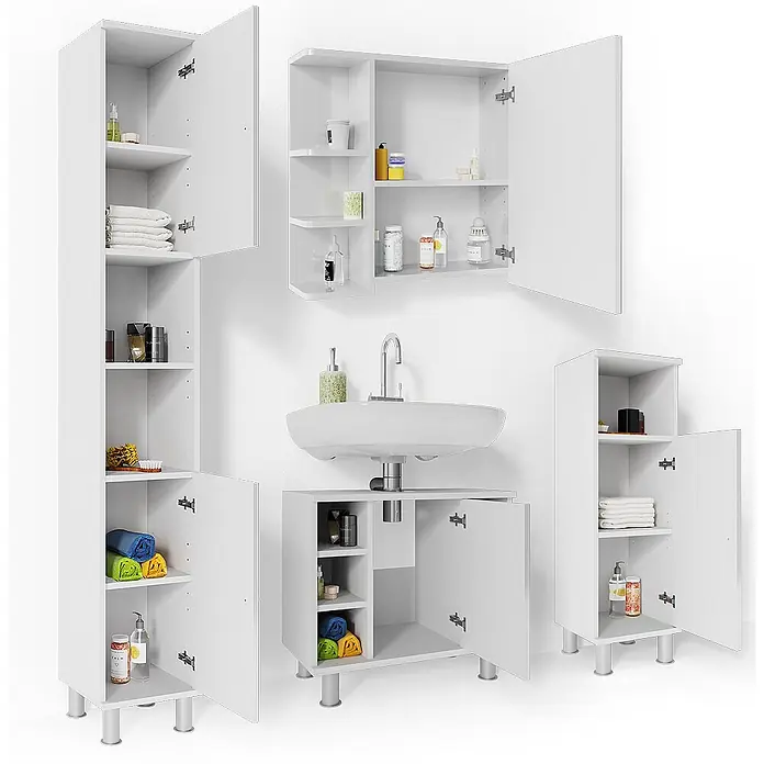 Vicco Badmöbel-Set Fynn Weiß Hochglanz 4 Teile - Gesamtbreite Badmöbel: 120 cm, Weiß Hochglanz, Glänzend - Weißes modulares Badmöbel-Set mit Hochschrank, Wandschrank, Waschbeckenunterschrank und Bodenschrank.
