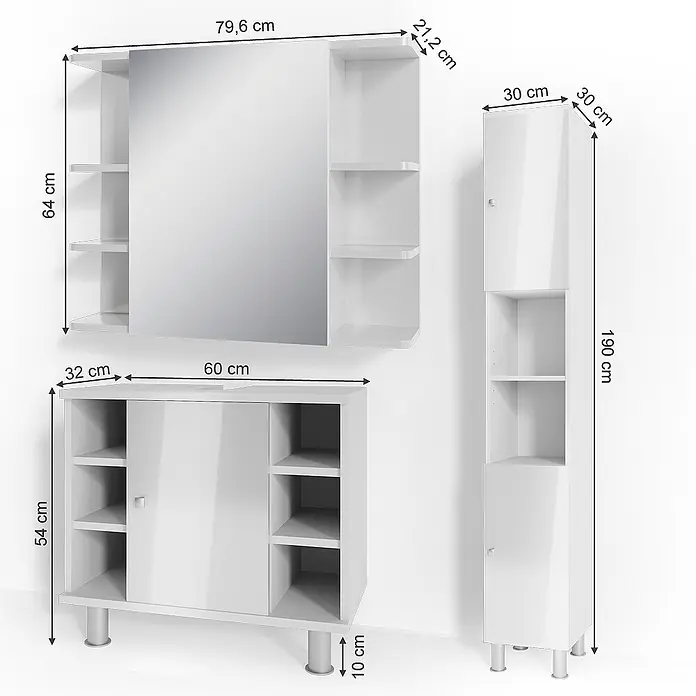 Vicco Badmöbel-Set Fynn Weiß Hochglanz 3 Teile, mit Hochschrank - Gesamtbreite Badmöbel: 90 cm, Weiß Hochglanz, Glänzend - Weißes Badmöbel-Set mit Spiegelschrank, Unterschrank und hohem Hochschrank.