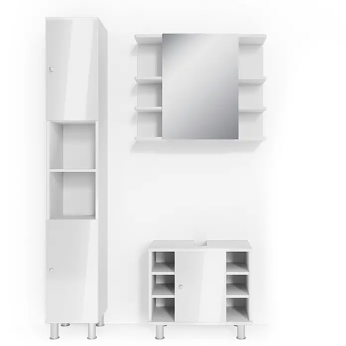 Vicco Badmöbel-Set Fynn Weiß Hochglanz 3 Teile, mit Hochschrank - Gesamtbreite Badmöbel: 90 cm, Weiß Hochglanz, Glänzend - Weißes Hochglanz-Badezimmermöbelset: Hochschrank, Spiegelschrank mit Seitenregalen und Waschtischunterschrank mit offenen Fächern.