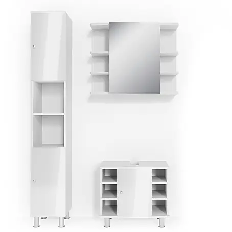 Vicco  Badmöbel-Set Fynn Weiß Hochglanz 3 Teile, mit Hochschrank