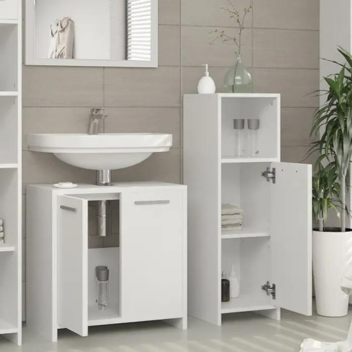 Vicco Badmöbel-Set Kiko Weiß 3 Teile - Gesamtbreite Badmöbel: 88 cm, Weiß, Matt - Weißer Badunterschrank mit Waschbecken und Hochschränken. Das Set umfasst einen hohen Schrank und ein offenes Regal.