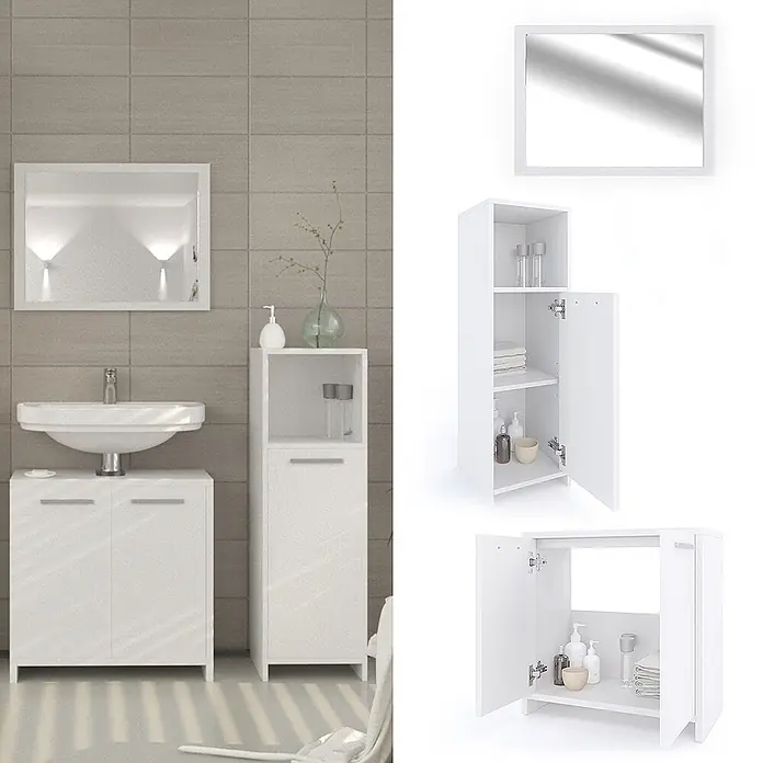 Vicco Badmöbel-Set Kiko Weiß 3 Teile - Gesamtbreite Badmöbel: 88 cm, Weiß, Matt - Weißes Badmöbelset: Waschbeckenunterschrank, Hochschrank und Spiegel. Schränke zeigen Innenregale.