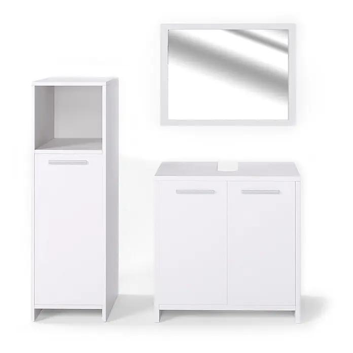Vicco Badmöbel-Set Kiko Weiß 3 Teile - Gesamtbreite Badmöbel: 88 cm, Weiß, Matt - Weißes Badezimmermöbel-Set: ein hoher Schrank mit offenem Fach, ein Waschtischunterschrank mit zwei Türen und ein Spiegel.