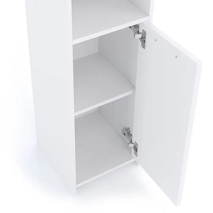 Vicco Badmöbel-Set Kiko Weiß 3 Teile - Gesamtbreite Badmöbel: 88 cm, Weiß, Matt - Weißer Schrank mit Regalböden und teilweise geöffneter Tür, die Metallscharniere zeigt.