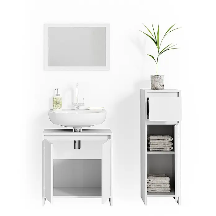 Vicco Badmöbel-Set Emma Weiß 3 Teile, mit Midischrank - Gesamtbreite Badmöbel: 88 cm, Weiß, Matt - Weißer Badezimmerschrank mit Aufsatzwaschbecken und Spiegel, daneben ein hoher weißer Aufbewahrungsschrank mit Handtüchern.