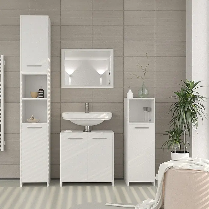 Vicco Badmöbel-Set Kiko Weiß 3 Teile - Gesamtbreite Badmöbel: 88 cm, Weiß, Matt - Weißes Badmöbelset mit Hochschrank, Waschtisch und Beistellschrank in einem modernen Badezimmer.