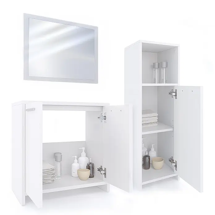Vicco Badmöbel-Set Kiko Weiß 3 Teile - Gesamtbreite Badmöbel: 88 cm, Weiß, Matt - Weißes Badezimmermöbelset mit Spiegel, Waschtischunterschrank und Hochschrank. Türen offen, zeigen Innenstauraum und Gegenstände.