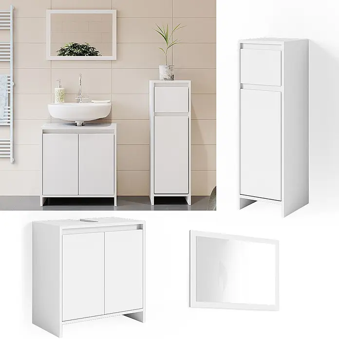 Vicco Badmöbel-Set Emma Weiß 3 Teile, mit Midischrank - Gesamtbreite Badmöbel: 88 cm, Weiß, Matt - Weißes Badmöbelset: Waschtischunterschrank mit Aufsatzwaschbecken, hoher Beistellschrank und Spiegel im modernen Bad.