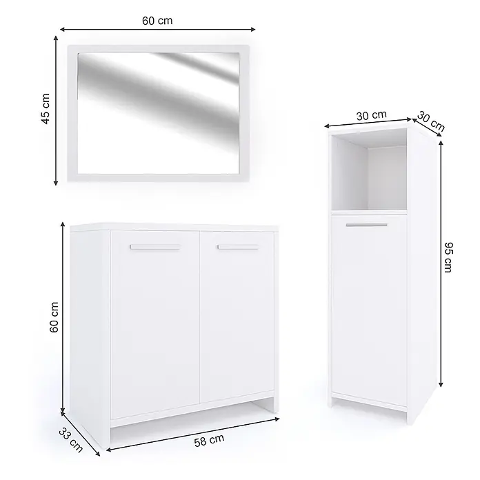 Vicco Badmöbel-Set Kiko Weiß 3 Teile - Gesamtbreite Badmöbel: 88 cm, Weiß, Matt - Weißes Badmöbelset: Spiegel, Waschtischunterschrank und Hochschrank mit offenem Fach.