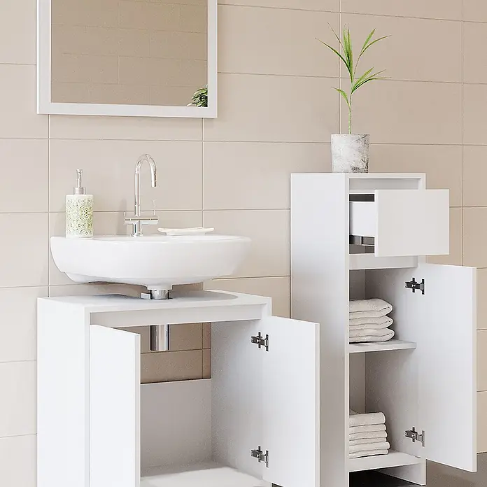 Vicco Badmöbel-Set Emma Weiß 3 Teile, mit Midischrank - Gesamtbreite Badmöbel: 88 cm, Weiß, Matt - Weißer Badunterschrank mit Waschbecken und passendem Hochschrank mit offenen Türen und Schubladen.