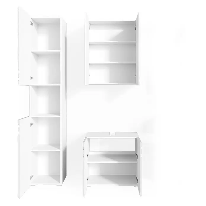 Vicco Badmöbel-Set Fredd Weiß Hochglanz 3 Teile, mit Hochschrank - Gesamtbreite Badmöbel: 96,4 cm, Weiß Hochglanz, Glänzend - Set aus drei weißen Badschränken mit offenen Türen und Regalen. Enthält einen Hochschrank, einen Wandschrank und einen Unterschrank.