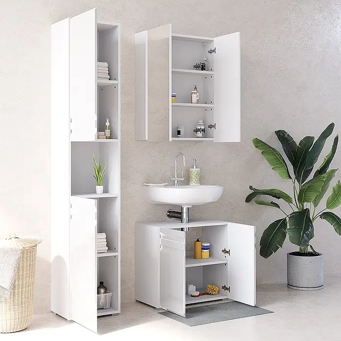 Vicco Badmöbel-Set Fredd Weiß Hochglanz 3 Teile, mit Hochschrank - Gesamtbreite Badmöbel: 96,4 cm, Weiß Hochglanz, Glänzend - Weißes Badmöbelset: Hochschrank, Spiegelschrank und Waschbeckenunterschrank, Türen offenbaren organisierte Innenräume.