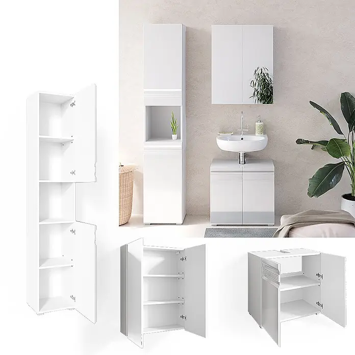 Vicco Badmöbel-Set Fredd Weiß Hochglanz 3 Teile, mit Hochschrank - Gesamtbreite Badmöbel: 96,4 cm, Weiß Hochglanz, Glänzend - Weißes Badezimmermöbel-Set: Hochschrank, Waschtischunterschrank und Spiegelschrank in einem modernen Bad.