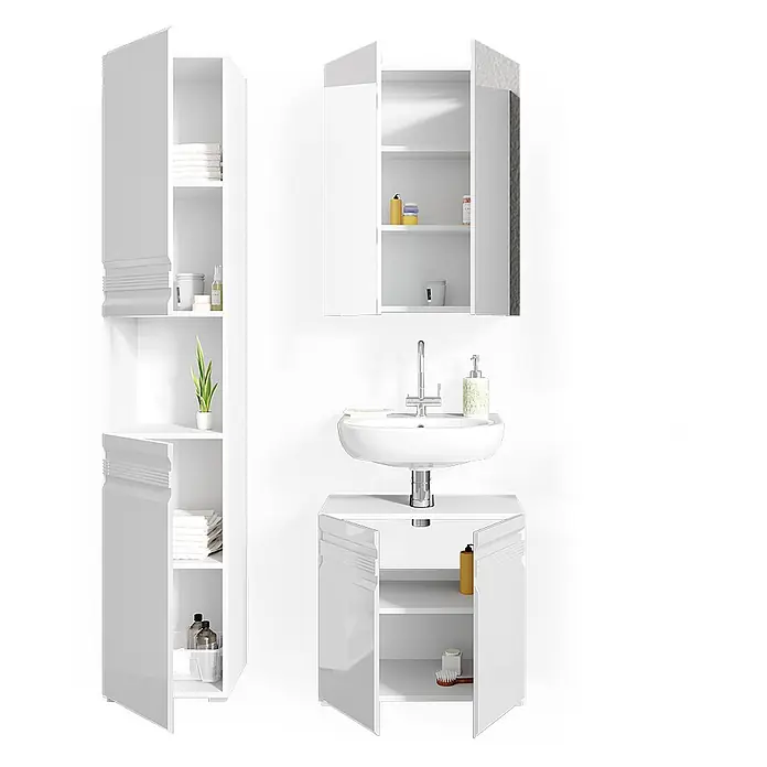 Vicco Badmöbel-Set Fredd Weiß Hochglanz 3 Teile, mit Hochschrank - Gesamtbreite Badmöbel: 96,4 cm, Weiß Hochglanz, Glänzend - Weißes, glänzendes Badmöbelset mit Hochschrank, Wandschrank und Waschtischunterschrank, offene Türen, mit Waschbecken.