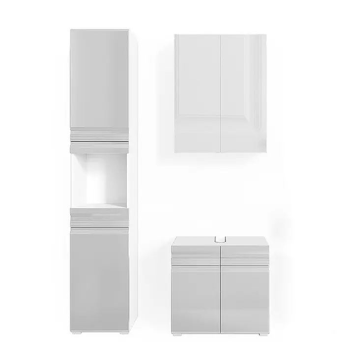Vicco Badmöbel-Set Fredd Weiß Hochglanz 3 Teile, mit Hochschrank - Gesamtbreite Badmöbel: 96,4 cm, Weiß Hochglanz, Glänzend - Weißes Badmöbel-Set: ein Hochschrank mit offenem Fach, ein Hängeschrank und ein Unterschrank.