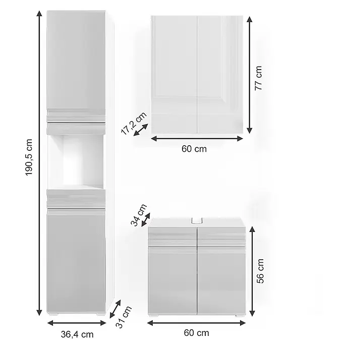 Vicco Badmöbel-Set Fredd Weiß Hochglanz 3 Teile, mit Hochschrank - Gesamtbreite Badmöbel: 96,4 cm, Weiß Hochglanz, Glänzend