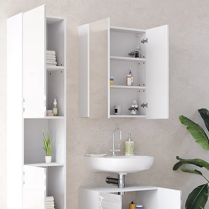Vicco Badmöbel-Set Fredd Weiß Hochglanz 3 Teile, mit Hochschrank - Gesamtbreite Badmöbel: 96,4 cm, Weiß Hochglanz, Glänzend - Weißes Badschrank-Set mit hohem Schrank und offenem Wandschrank mit Spiegel über einem Waschbecken.