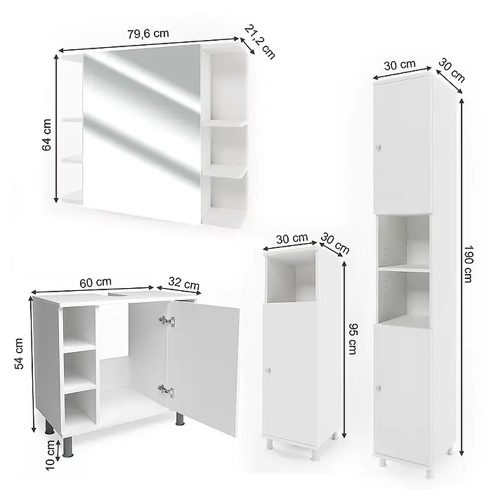 Vicco Badmöbel-Set Fynn Weiß 4 Teile - Gesamtbreite Badmöbel: 120 cm, Weiß, Matt - Weißes Badezimmermöbel-Set mit Spiegelschrank, Waschtischunterschrank und zwei Hochschränken.