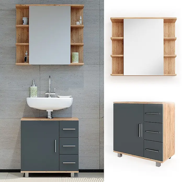 Vicco Badmöbel-Set Ilias Eiche 2 Teile - Gesamtbreite Badmöbel: 60 cm, Eiche, Matt - Badezimmerset mit Holzoptik-Spiegelschrank und dunkelgrauem Waschbeckenunterschrank. Mit Ablagen, Spiegel, Tür und drei Schubladen.