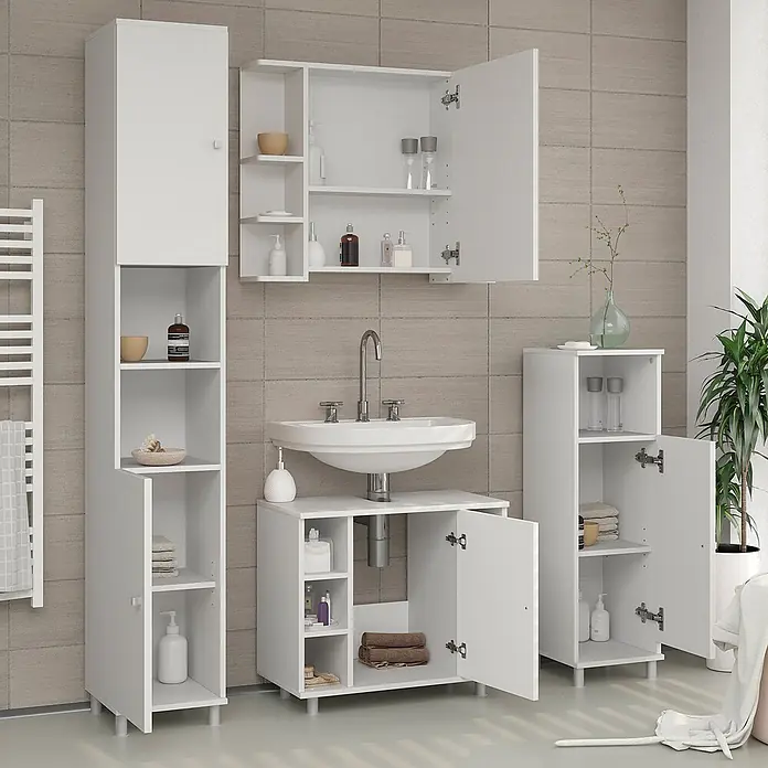 Vicco Badmöbel-Set Fynn Weiß 4 Teile - Gesamtbreite Badmöbel: 120 cm, Weiß, Matt - Weißes Badezimmermöbel-Set mit verschiedenen Aufbewahrungsschränken.