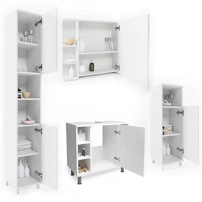 Vicco Badmöbel-Set Fynn Weiß 4 Teile - Gesamtbreite Badmöbel: 120 cm, Weiß, Matt - Weißes Badmöbel-Set mit Hoch-, Wand- und Unterschränken zur Aufbewahrung.