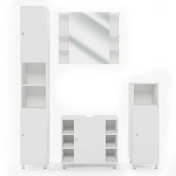 Vicco Badmöbel-Set Fynn Weiß 4 Teile - Gesamtbreite Badmöbel: 120 cm, Weiß, Matt - Weißes Badmöbel-Set: Spiegelschrank, Waschtischunterschrank und zwei Hochschränke.