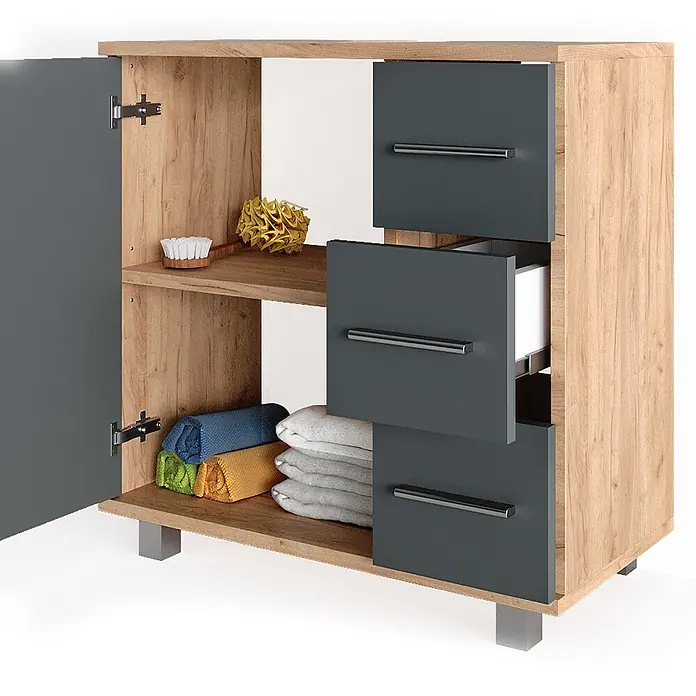 Vicco Badmöbel-Set Ilias Eiche 2 Teile - Gesamtbreite Badmöbel: 60 cm, Eiche, Matt - Holzschrank mit anthrazitfarbener Tür und Schubladen, gefüllt mit Handtüchern und Badezimmerzubehör. Eine Schublade ist offen.