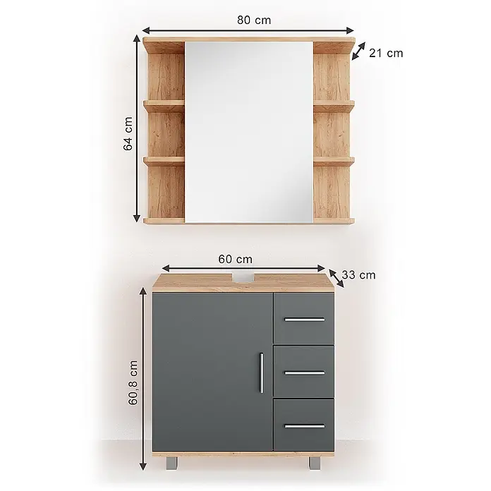 Vicco Badmöbel-Set Ilias Eiche 2 Teile - Gesamtbreite Badmöbel: 60 cm, Eiche, Matt - Badmöbelset: Spiegelschrank in Holzoptik mit Seitenregalen und anthrazitfarbener Waschtischunterschrank mit Holzplatte, Tür und Schubladen.