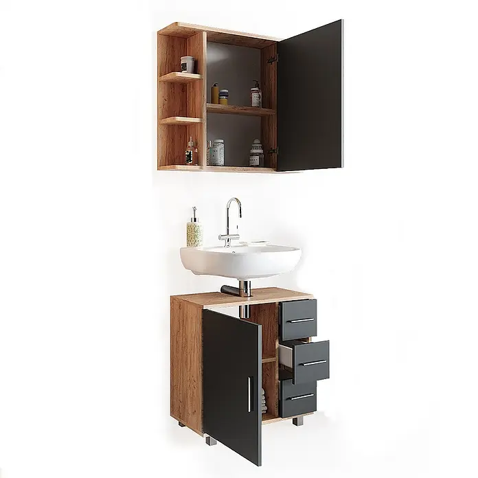 Vicco Badmöbel-Set Ilias Eiche 2 Teile - Gesamtbreite Badmöbel: 60 cm, Eiche, Matt - Badezimmer-Set aus Holzdekor und Anthrazit mit weißem Waschbecken, Unterschrank mit Schubladen und Hängeschrank mit Tür und Fächern.