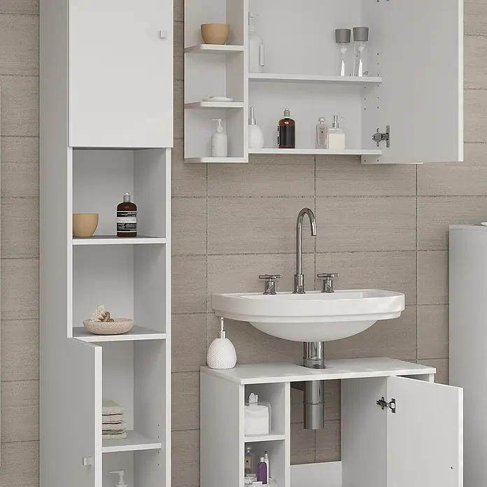 Vicco Badmöbel-Set Fynn Weiß 4 Teile - Gesamtbreite Badmöbel: 120 cm, Weiß, Matt - Weißes Badmöbelset mit Hochschrank, Wandschrank und Waschtischunterschrank, bietet vielseitige Organisation.