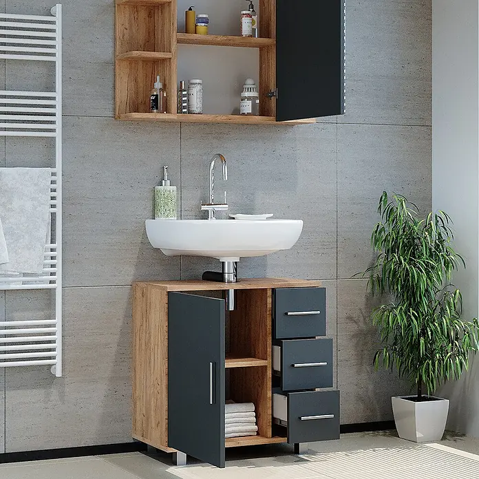 Vicco Badmöbel-Set Ilias Eiche 2 Teile - Gesamtbreite Badmöbel: 60 cm, Eiche, Matt - Badezimmerset aus Holz und Dunkelgrau mit Waschbecken, Unterschrank mit Tür und Schubladen sowie einem Wandschrank mit offenen Fächern und Spiegeltür.