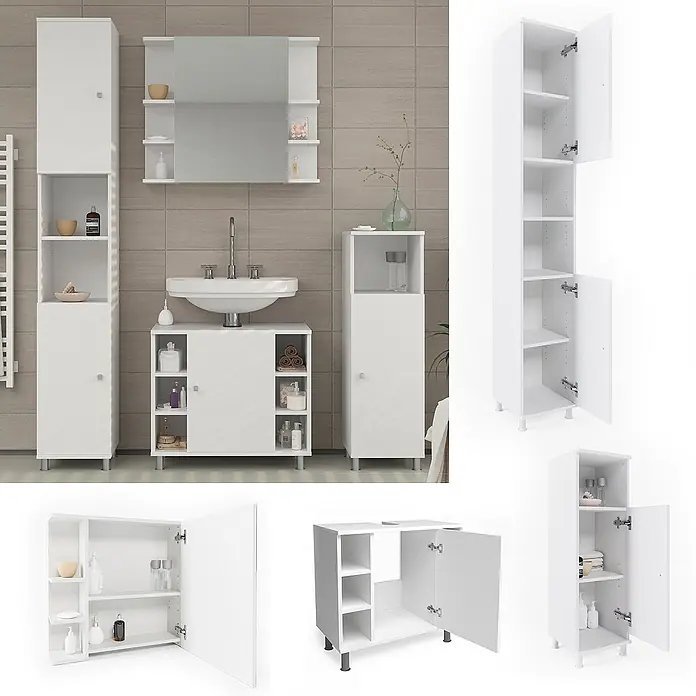 Vicco Badmöbel-Set Fynn Weiß 4 Teile - Gesamtbreite Badmöbel: 120 cm, Weiß, Matt - Weißes Badezimmermöbelset aus Holz für Stauraum.