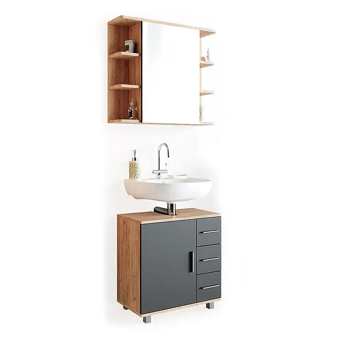 Vicco Badmöbel-Set Ilias Eiche 2 Teile - Gesamtbreite Badmöbel: 60 cm, Eiche, Matt - Modernes Badmöbel-Set: Waschtischunterschrank mit Holzoptik-Rahmen, anthrazitfarbenen Fronten und passendem Spiegelschrank mit offenen Regalen.