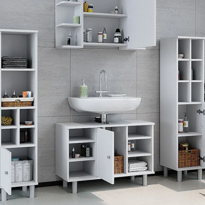 Vicco Badmöbel-Set Fynn Weiß 4 Teile, mit Midischränke - Gesamtbreite Badmöbel: 140 cm, Weiß, Matt - Weißes Badezimmerschrank-Set mit offenen und geschlossenen Fächern sowie einem Waschtischunterschrank mit integriertem Waschbecken.