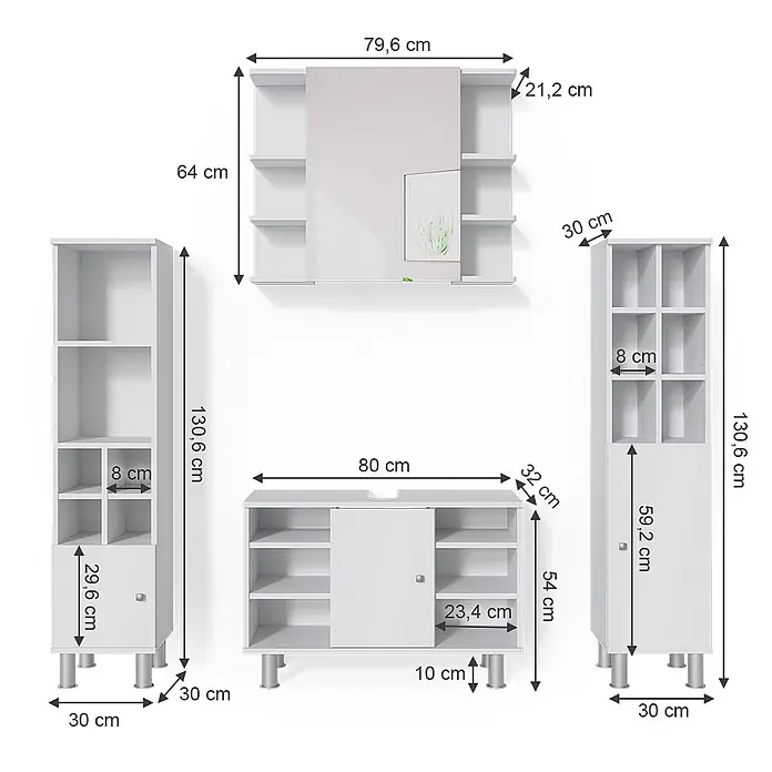 Vicco Badmöbel-Set Fynn Weiß 4 Teile, mit Midischränke - Gesamtbreite Badmöbel: 140 cm, Weiß, Matt - Weißes, modulares Möbelset mit Wandschrank mit Spiegel, TV-Tisch und zwei hohen Regaleinheiten.