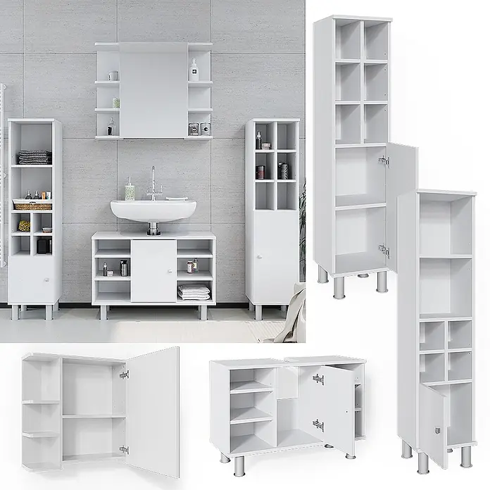 Vicco Badmöbel-Set Fynn Weiß 4 Teile, mit Midischränke - Gesamtbreite Badmöbel: 140 cm, Weiß, Matt - Weißes Badmöbel-Set mit Waschbeckenunterschrank, zwei Hochschränken und Spiegelschrank.