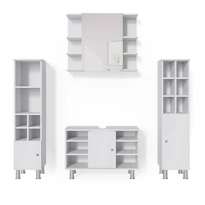 Vicco Badmöbel-Set Fynn Weiß 4 Teile, mit Midischränke - Gesamtbreite Badmöbel: 140 cm, Weiß, Matt - Weißes Badmöbel-Set: zwei Hochschränke, ein Waschbeckenunterschrank und ein Spiegelschrank, alle mit offenen Fächern und geschlossenen Türen.