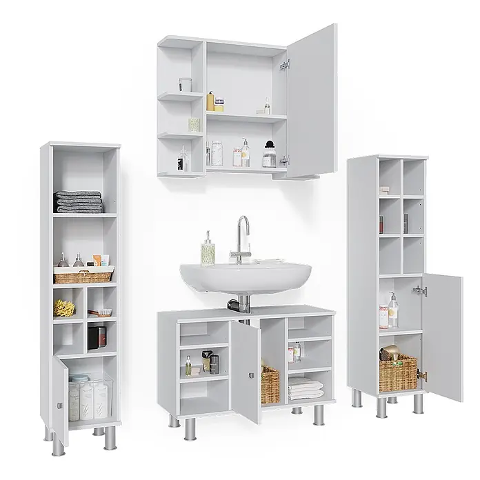 Vicco Badmöbel-Set Fynn Weiß 4 Teile, mit Midischränke - Gesamtbreite Badmöbel: 140 cm, Weiß, Matt - Weißes Badmöbelset: Wandschrank mit Tür, zwei Hochschränke und ein Waschbeckenunterschrank mit offenem und geschlossenem Stauraum.