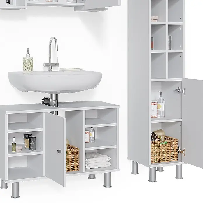 Vicco Badmöbel-Set Fynn Weiß 4 Teile, mit Midischränke - Gesamtbreite Badmöbel: 140 cm, Weiß, Matt - Weißer Badunterschrank mit Waschbecken und passender Hochschrank mit silbernen Füßen, bietet diverse Ablagen und Fächer.