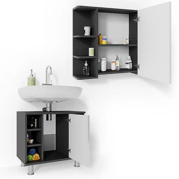 Vicco Badmöbel-Set Fynn Anthrazit 2 Teile - Gesamtbreite Badmöbel: 60 cm, Anthrazit, Glänzend - Dunkelgrauer Badunterschrank mit Waschbecken und passendem Wandschrank, mit weißen Türen und integriertem Stauraum.