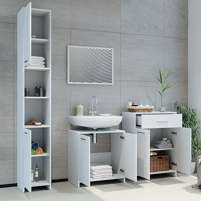 Vicco Badmöbel-Set Kiko Weiß 4 Teile, mit Hochschrank und Kommode - Gesamtbreite Badmöbel: 148 cm, Weiß, Matt - Weißes Badmöbelset mit Hochschrank, Waschtischunterschrank und Kommode mit Schublade für viel Stauraum.