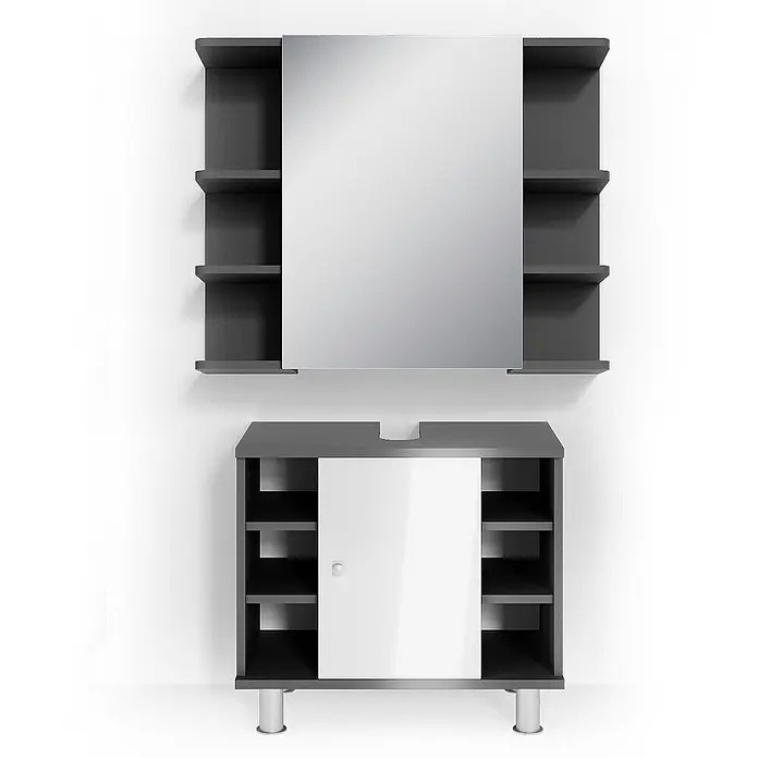 Vicco Badmöbel-Set Fynn Anthrazit 2 Teile - Gesamtbreite Badmöbel: 60 cm, Anthrazit, Glänzend - Dunkelgraues Badmöbel-Set mit Spiegel, Regalen und Waschtischunterschrank. Modernes Design mit weiß/silbernen Akzenten.