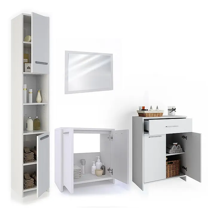 Vicco Badmöbel-Set Kiko Weiß 4 Teile, mit Hochschrank und Kommode - Gesamtbreite Badmöbel: 148 cm, Weiß, Matt - Weißes Badmöbel-Set mit hohem Stauraumschrank, kleinerem Schrank und Spiegel für die Badorganisation.