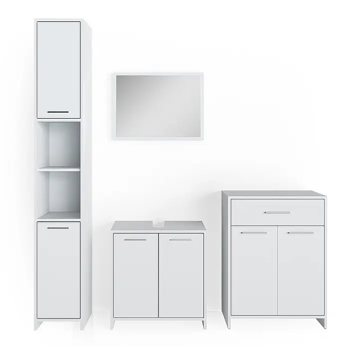 Vicco Badmöbel-Set Kiko Weiß 4 Teile, mit Hochschrank und Kommode - Gesamtbreite Badmöbel: 148 cm, Weiß, Matt - Weißes Badmöbel-Set mit Hochschrank, Waschbeckenunterschrank, Seitenschrank und einem Spiegel zur Aufbewahrung.