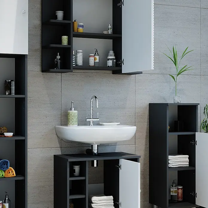 Vicco Badmöbel-Set Fynn Anthrazit 2 Teile - Gesamtbreite Badmöbel: 60 cm, Anthrazit, Glänzend - Schwarz-weißes Badezimmerschrank-Set mit Waschbecken, bietet viel Stauraum für Pflegeprodukte und Handtücher.