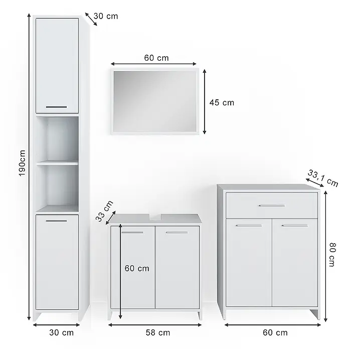 Vicco Badmöbel-Set Kiko Weiß 4 Teile, mit Hochschrank und Kommode - Gesamtbreite Badmöbel: 148 cm, Weiß, Matt - Weißes Badezimmermöbelset: Hochschrank, Spiegel, Waschtischunterschrank und Seitenschrank mit Maßen.