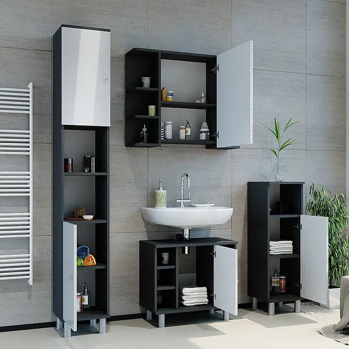 Vicco Badmöbel-Set Fynn Anthrazit 2 Teile - Gesamtbreite Badmöbel: 60 cm, Anthrazit, Glänzend - Schwarz-weißes Badezimmermöbelset mit Hochschrank, Spiegelschrank, Waschbeckenunterschrank und Beistellschrank.
