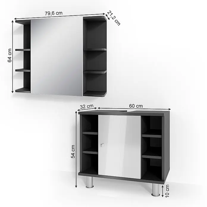Vicco Badmöbel-Set Fynn Anthrazit 2 Teile - Gesamtbreite Badmöbel: 60 cm, Anthrazit, Glänzend - Zweiteiliges Badmöbelset in Grau-Weiß: Wandspiegelschrank mit offenen Regalen, und Waschtischunterschrank mit Tür und Seitenregalen.